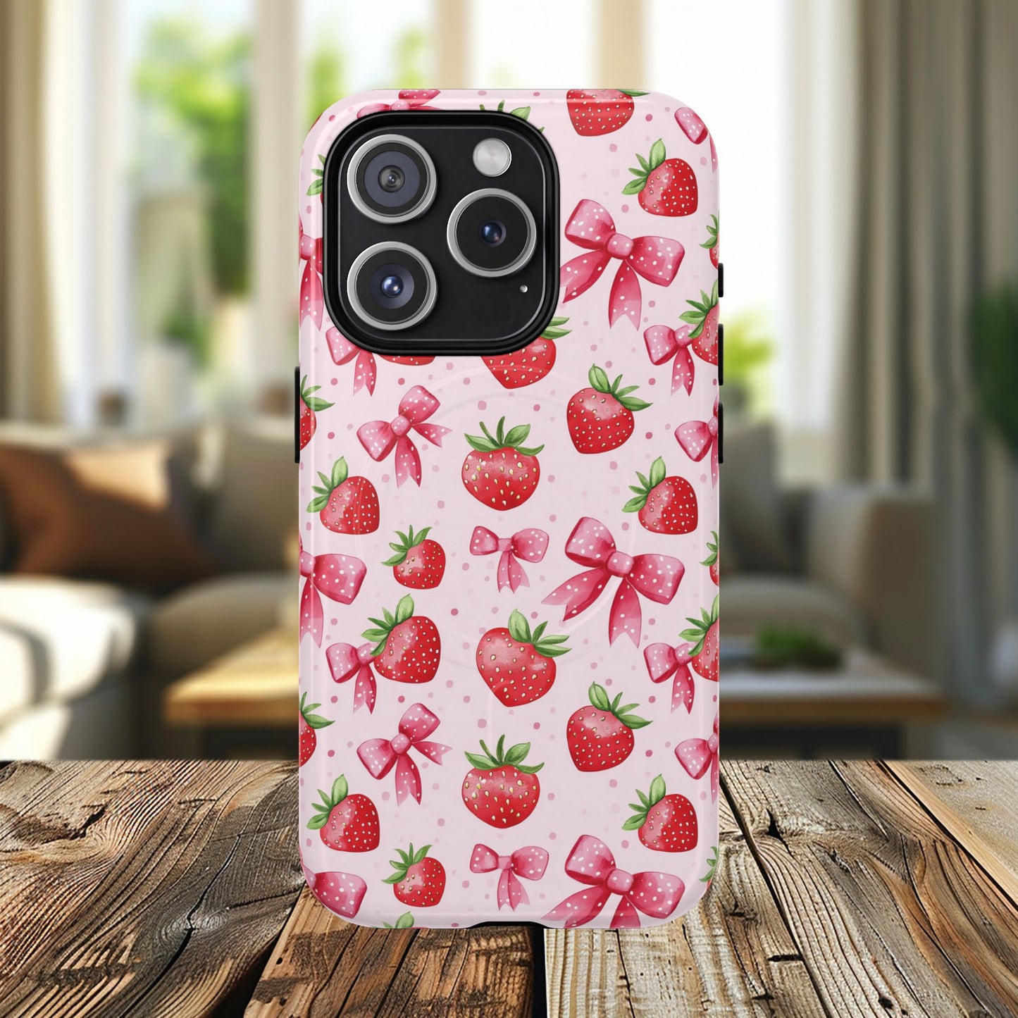 Strawberry Blush Coquette Magnetic Tough iPhone Cases - Funky Fruit Cases, Floral iPhone Cover, Trendy Gifts, iPhone Accessories, Strawberry Lover