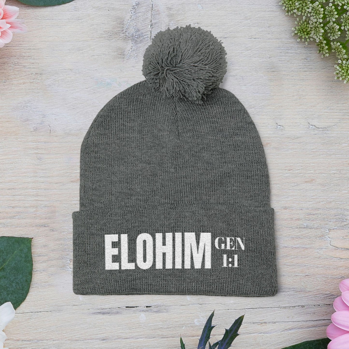 Pom-Pom Knit Cap with 'ELOHIM, GENESIS 1:1'  Embroidery Beanie - Stylish Winter Accessory for All Ages, Perfect Gift for Birthdays, Holidays, and Outdoor Activities