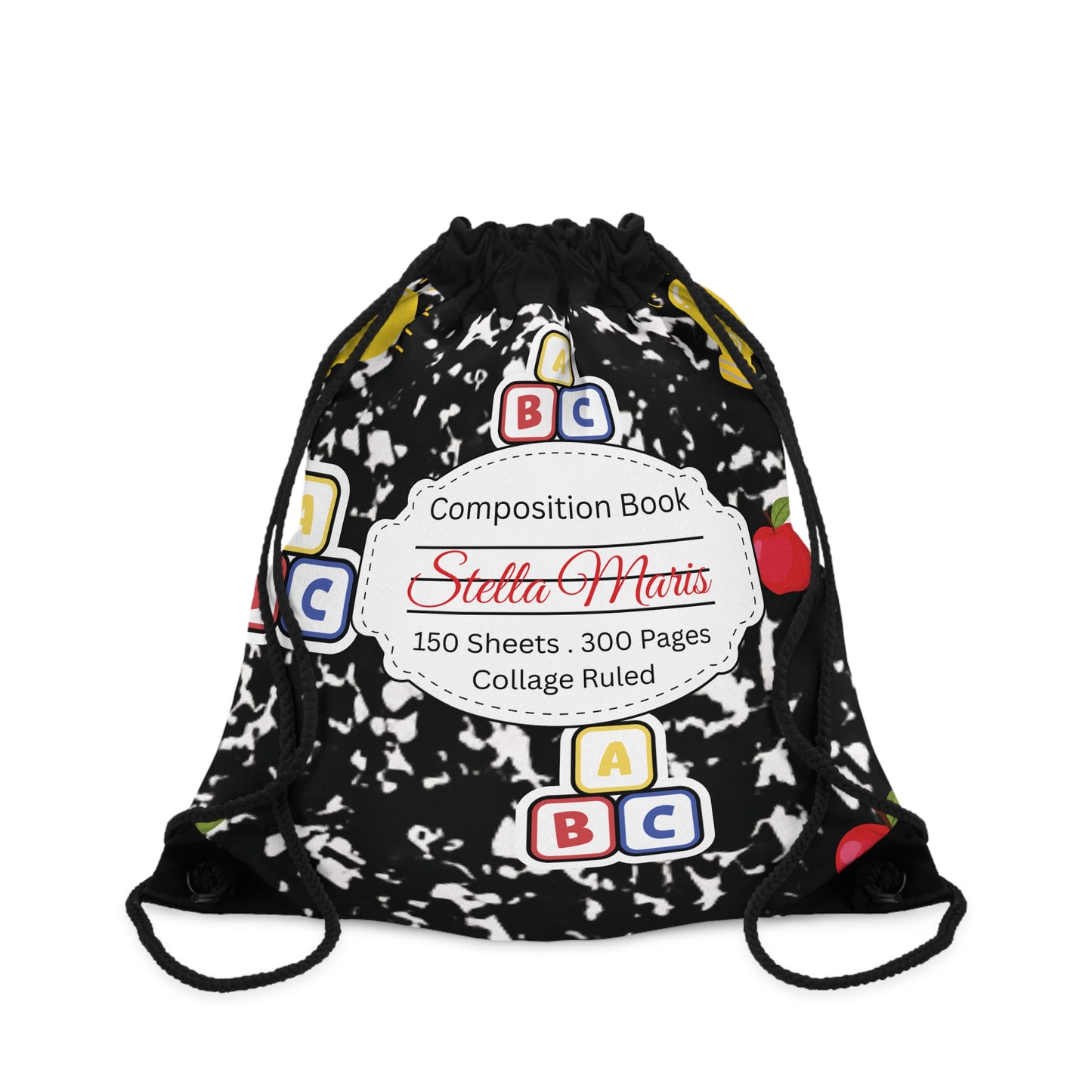 Custom Black Composition Book Inspired Colorful ABC Drawstring Bag | Personalized College Tote | Kids School Gear | Fun Gym Sack | Back to School Accessory