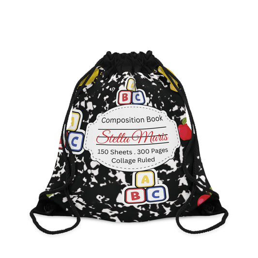 Custom Black Composition Book Inspired Colorful ABC Drawstring Bag | Personalized College Tote | Kids School Gear | Fun Gym Sack | Back to School Accessory