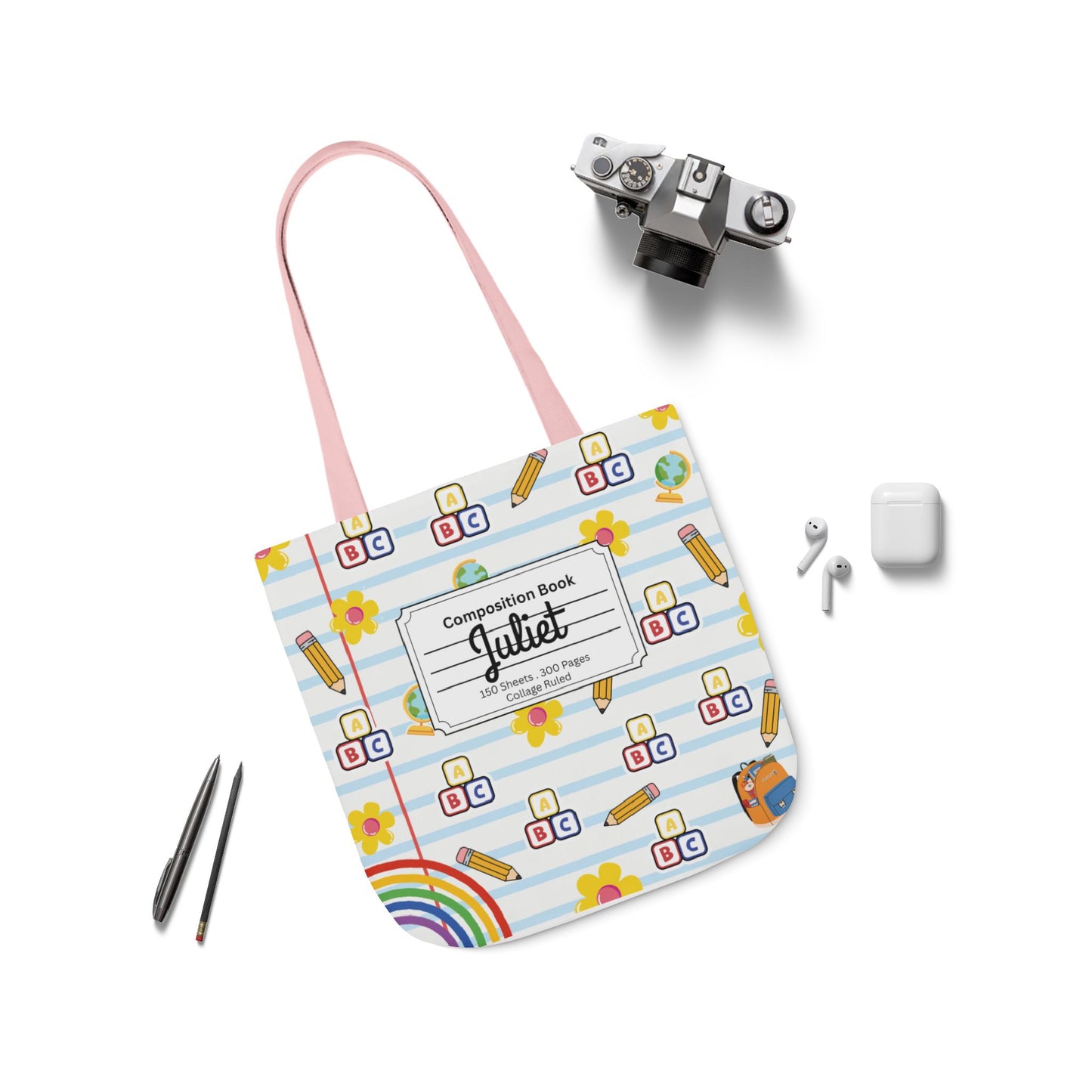 Personalized White Schoolyard Chic Composition Book Inspired Canvas Tote Bag with Colorful Straps, Cute School Bag, Eco-Friendly Tote, Back to School Shopping Bag, Teacher Gift Idea