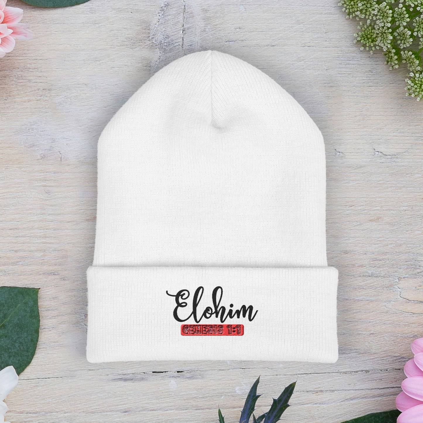 Embroidered 'ELOHIM, GENESIS 1:1' Classic Cuffed Beanie - Cozy Winter Hat, Streetwear Accessory, Personalized Gifts, Religious Apparel, Unisex Beanie
