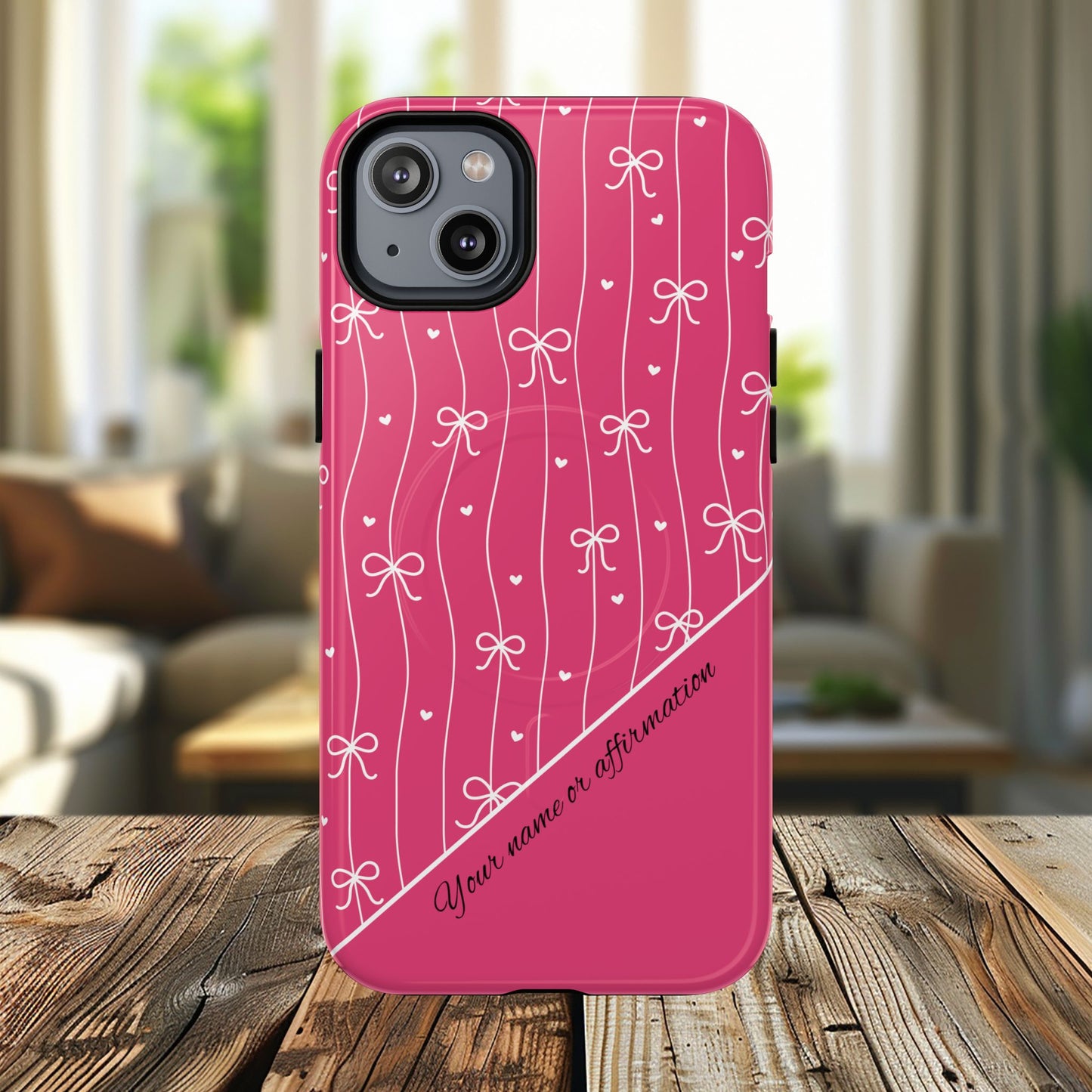 Pink Bow Coquette Magnetic Tough Magnetic MagSafe®  Case — (Add Name or Affirmation)-iPhone® 13, 14, iPhone 15, iPhone 16, iPhone 17, Pro, Pro Max, Plus Cases.