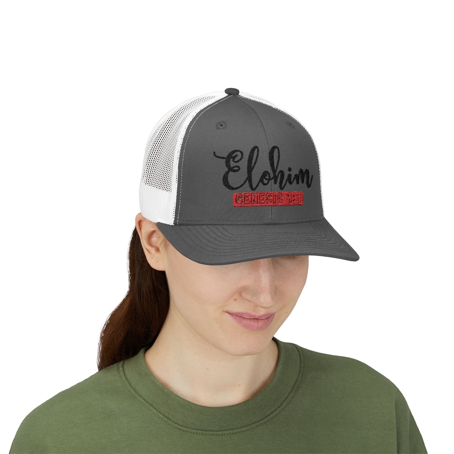 Embroidery 'ELOHIM, GENESIS 1:1' Faith Snapback Trucker Cap - Religious Hat, Stylish Accessory, Gift for Believers, Casual Wear, Outdoor Events, Faith-Based, Name of GOD.