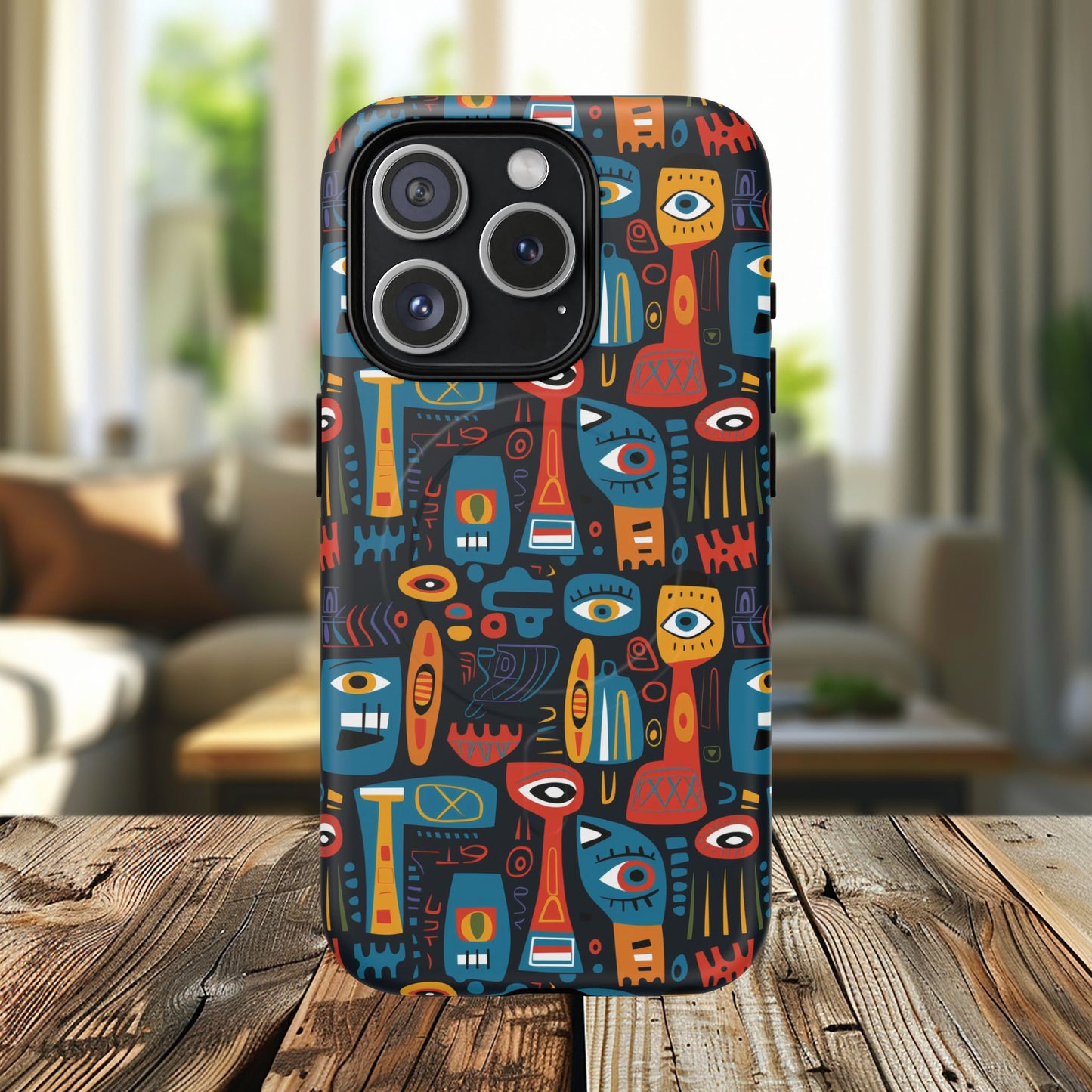Urban Totem Vibe Tough iPhone Magnetic Case, Colorful Bohemian Art, Unique Gift for Him/Her, Holiday Accessory, iPhone Protection, MagSafe iPhone Case.