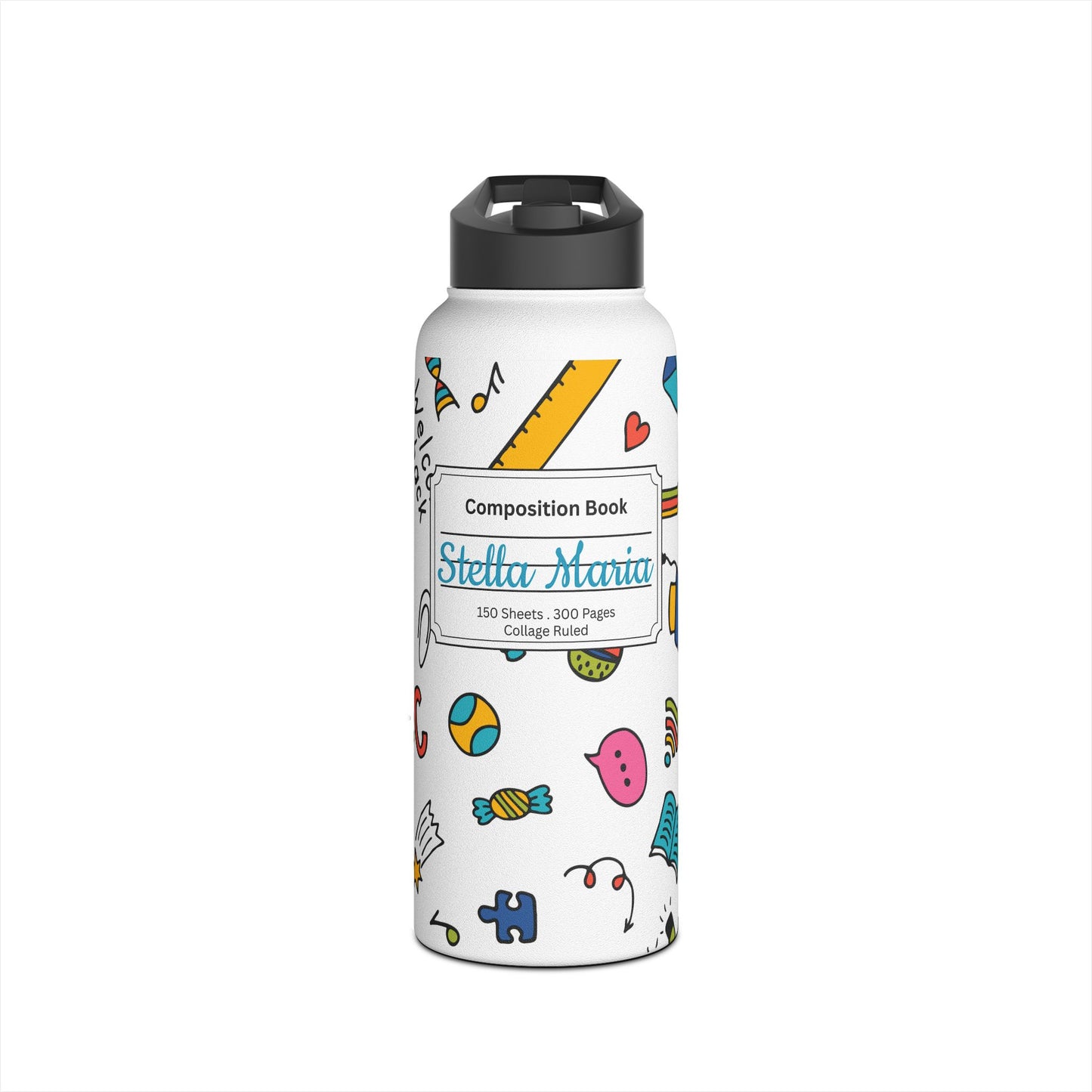 Personalized Classroom Couture Composition Book Inspired Stainless Steel Water Bottle for Kids, School Supplies, Eco-Friendly Drinkware, Back to School, Teacher Gifts
