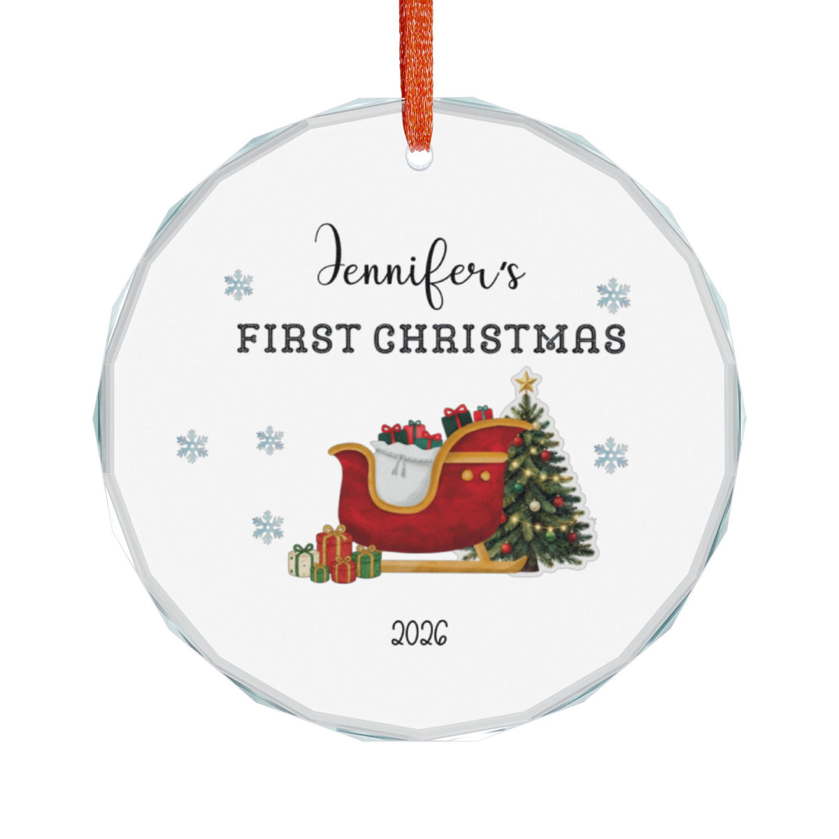 Personalized "First Christmas" Glass Ornament — Custom Name & Year, Sleigh & Tree Holiday Keepsake