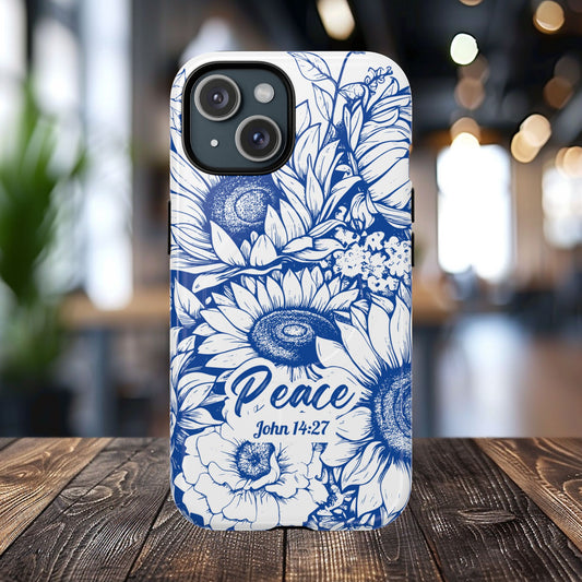 Peace I Leave with You John 14:27, Inspirational Gift, Tough iPhone Magnetic Case Scripture, Sunflower Bible Verse, MagSafe® iPhone® Tough Case, iPhone 14, iPhone 15, iPhone 16, Pro, Pro Max, Plus.