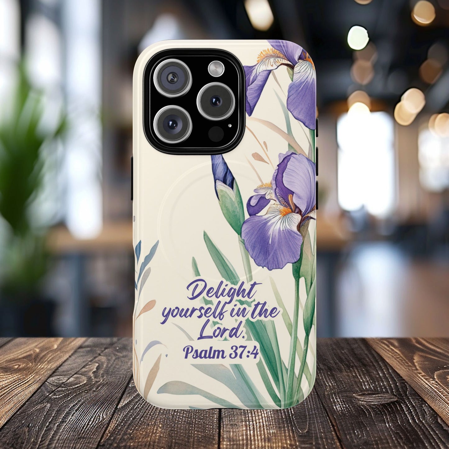 Delight yourself in the Lord Psalm 37:4, Inspirational Gift, iPhone Magnetic Case Scripture, Floral Bible Verse, MagSafe® iPhone® Tough Case, iPhone 14, iPhone 15, iPhone 16, Pro, Pro Max, Plus.