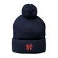 Cozy Pom-Pom Coquette Knit Cap with Embroidered Red Bow