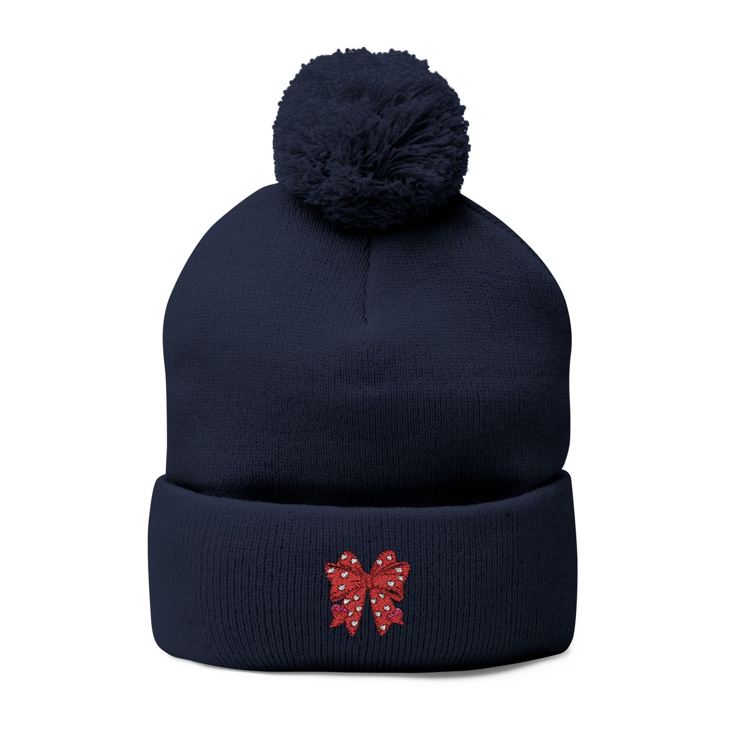 Cozy Pom-Pom Coquette Knit Cap with Embroidered Red Bow