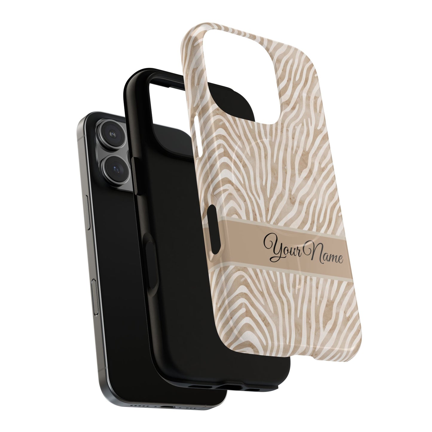 Personalized Zebra Animal Print Cover, Tough Magnetic MagSafe® iPhone® 13, 14, 15, 16, 17, Pro, Pro Max, Plus Cases (Custom Name).