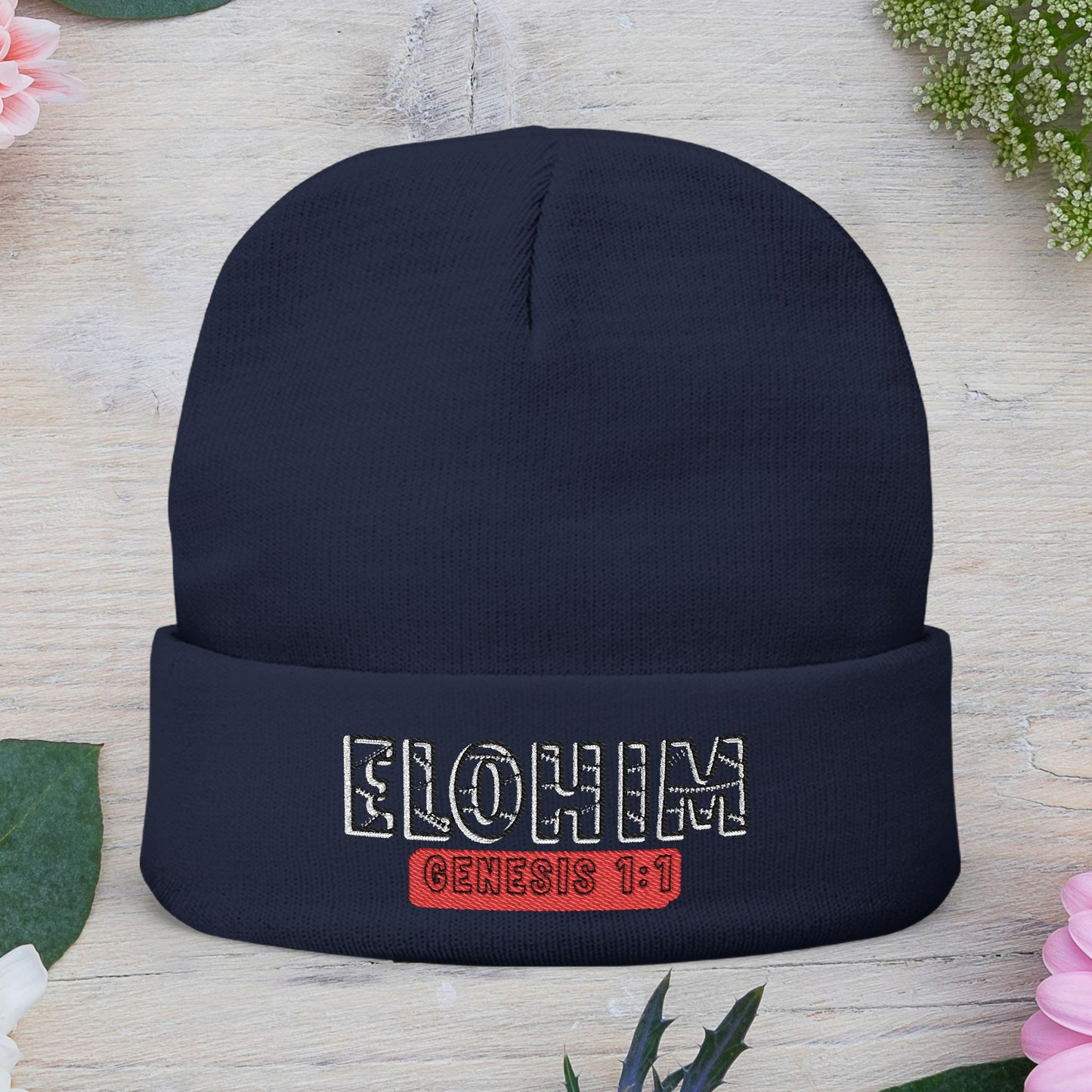 Stylish Knit Beanie with 'ELOHIM, Genesis 1:1' Embroidery, Winter Accessory, Religious Gift, Cozy Beanie Cap, Faith-Inspired Fashion