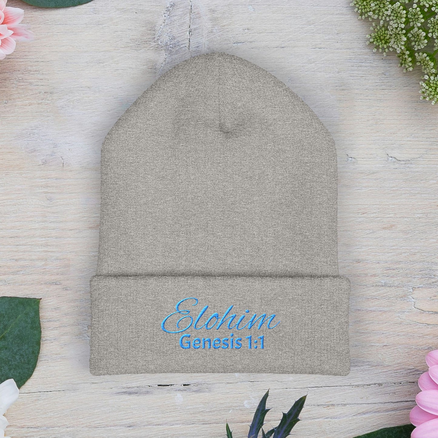 Teal Embroidered 'ELOHIM, GENESIS 1:1' Classic Cuffed Beanie - Cozy Winter Hat, Streetwear Accessory, Personalized Gifts, Religious Apparel, Unisex Beanie