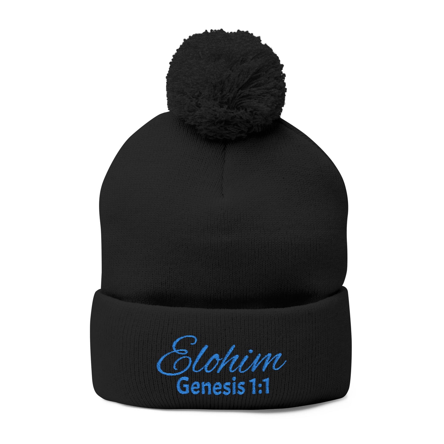 Pom-Pom Knit Cap with 'ELOHIM, GENESIS 1:1'  Embroidery Beanie - Stylish Winter Accessory for All Ages, Perfect Gift for Birthdays, Holidays, and Outdoor Activities