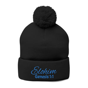 Pom-Pom Knit Cap with 'ELOHIM, GENESIS 1:1'  Embroidery Beanie - Stylish Winter Accessory for All Ages, Perfect Gift for Birthdays, Holidays, and Outdoor Activities