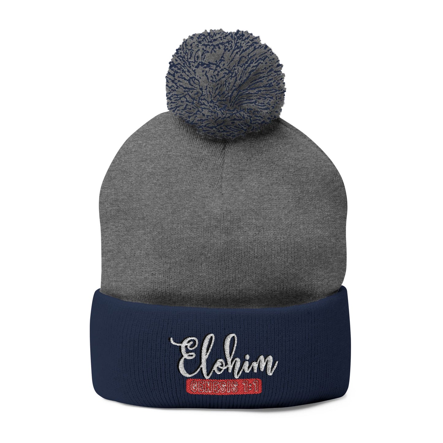 Pom-Pom Knit Cap with 'ELOHIM, GENESIS 1:1'  Embroidery Beanie - Stylish Winter Accessory for All Ages, Perfect Gift for Birthdays, Holidays, and Outdoor Activities