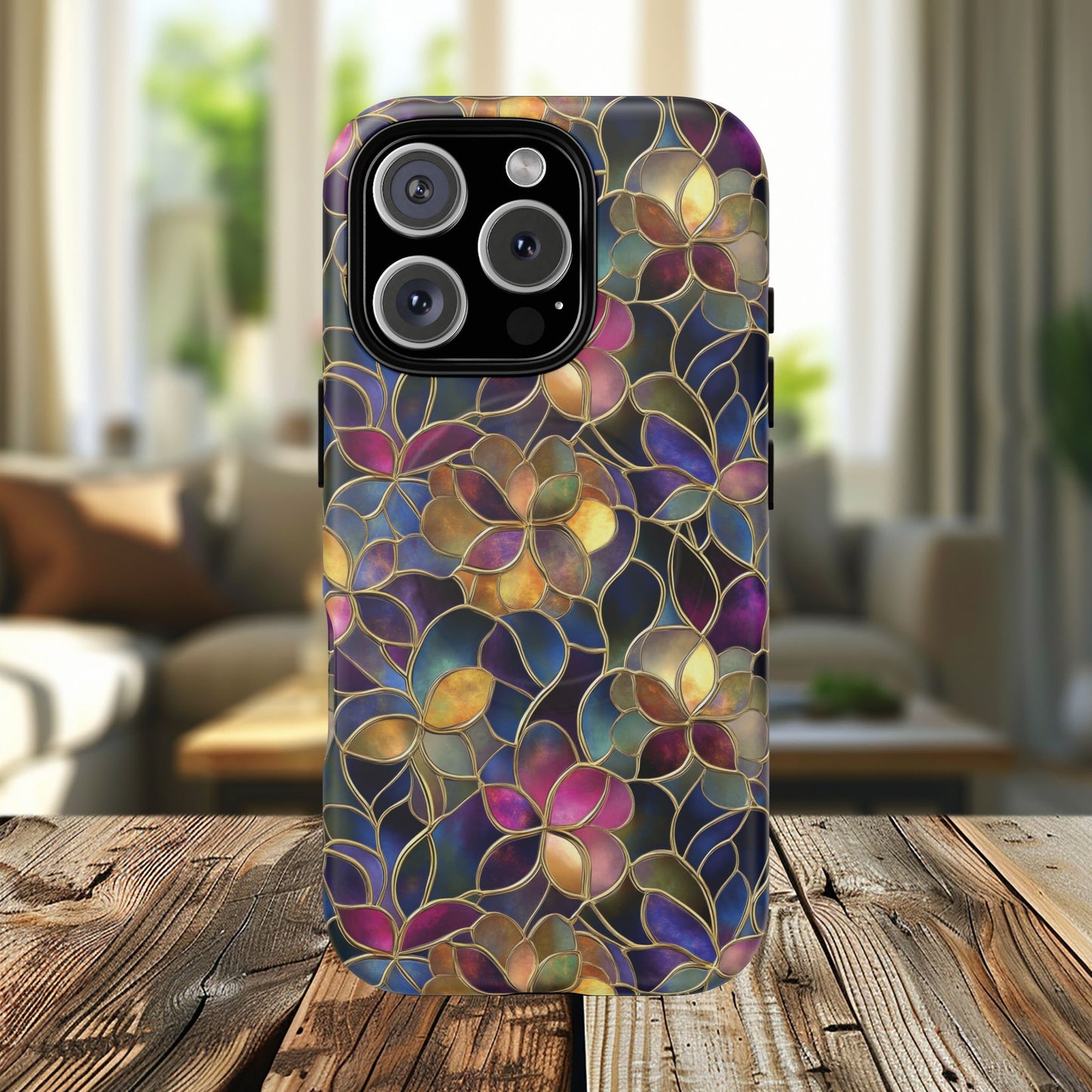 Chromatic Bloom Tough iPhone Magnetic Case, Tough iPhone Cover, Floral iPhone Accessory, Birthday Gift, Elegant Tech Decor, MagSafe Stained Glass Pattern.
