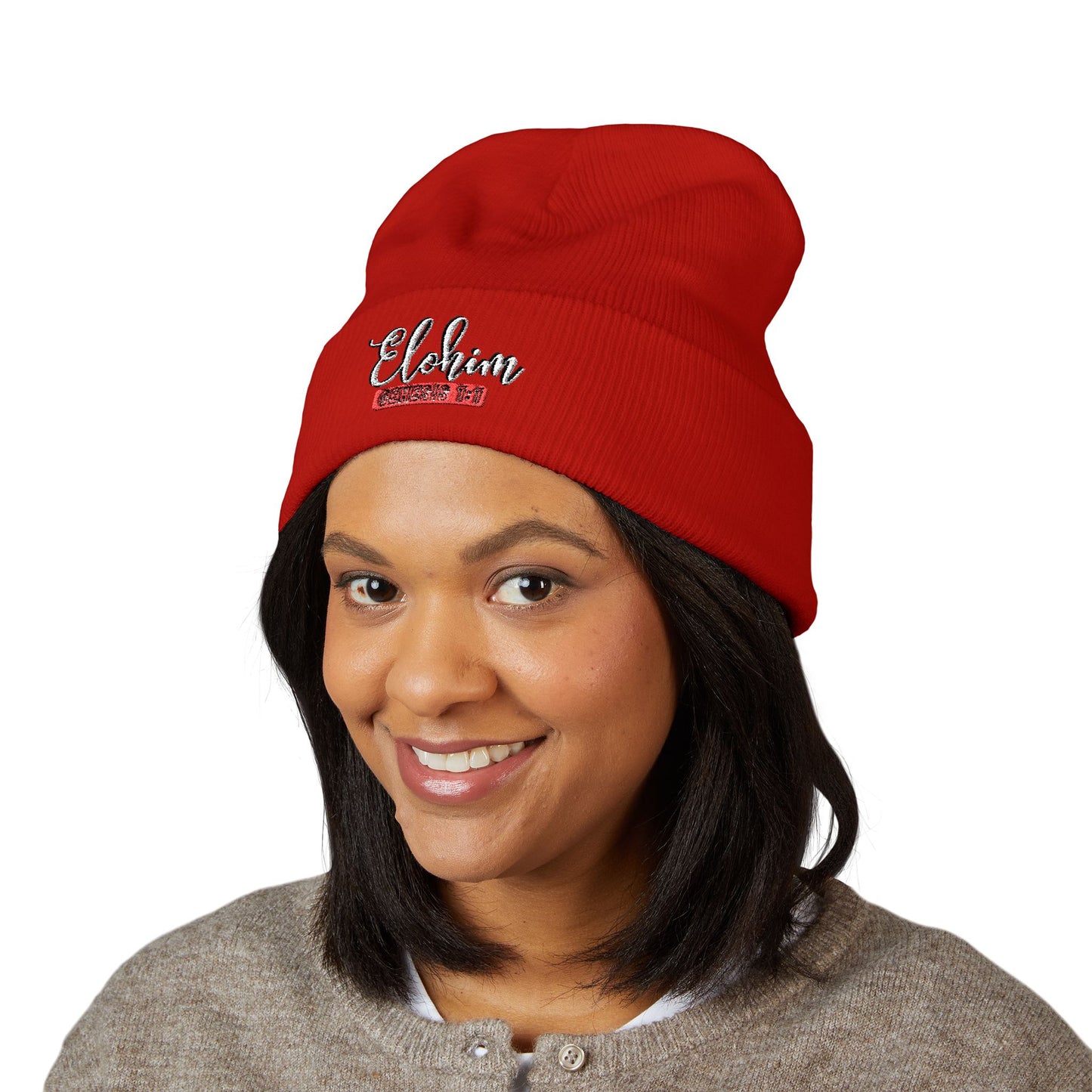 Embroidered 'ELOHIM, GENESIS 1:1' Classic Cuffed Beanie - Cozy Winter Hat, Streetwear Accessory, Personalized Gifts, Religious Apparel, Unisex Beanie