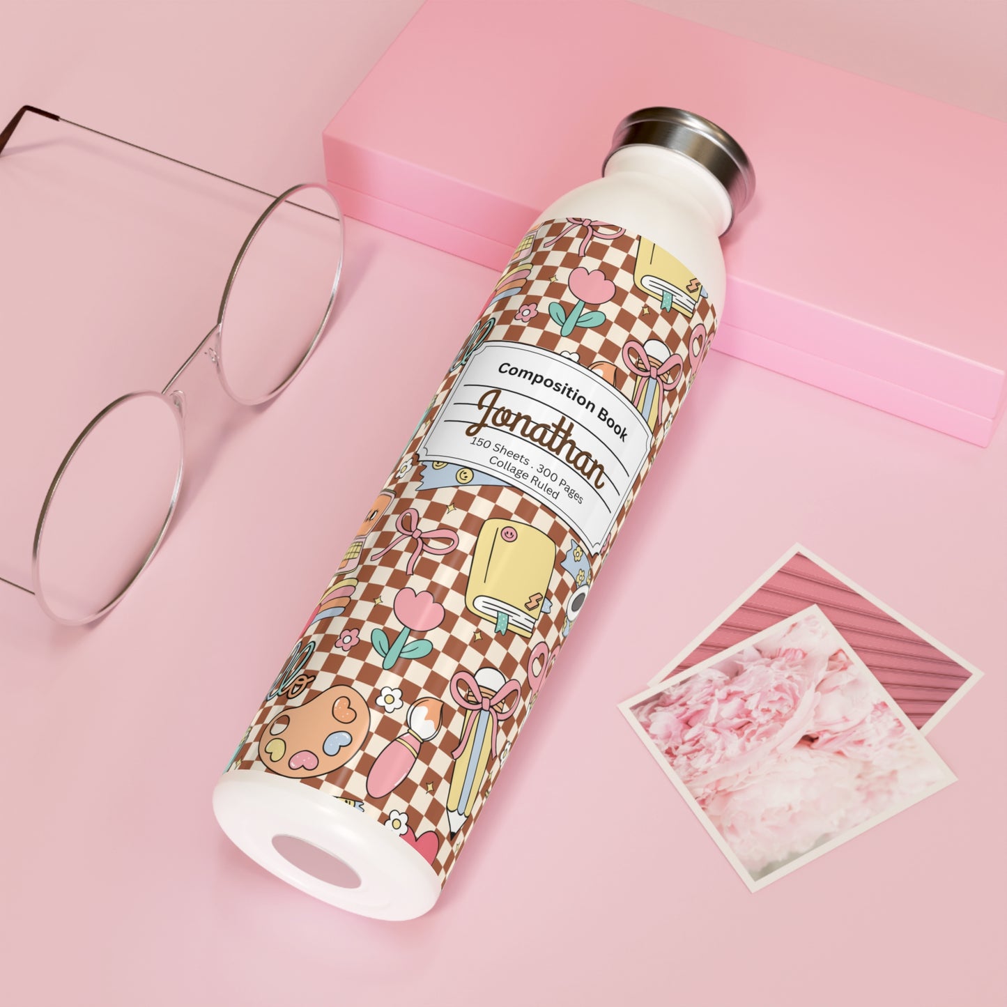 Personalized Composition Brown Doodle Daydream Book Inspired Slim Water Bottle, Customizable Drinkware, Eco-Friendly Hydration Bottle, Perfect for Gifts, School Supplies, Back to School