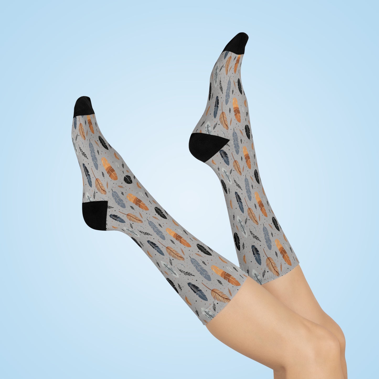 Whispering Feathers Grey Cushioned Crew Socks - Comfortable DTG Print One-Size Style