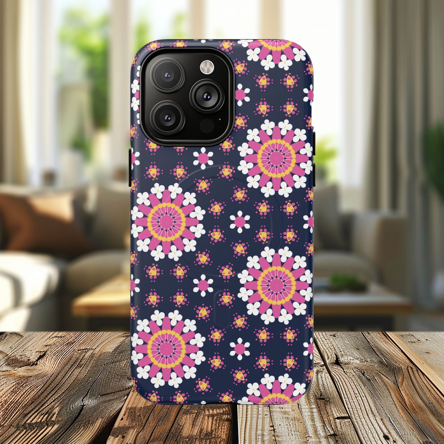 Midnight Mandala Bloom Tough iPhone Magnetic Case, Vibrant Design for Protection, Gift for Her, Trendy Accessory, Floral MagSafe iPhone Cover, Birthday, & Everyday Use