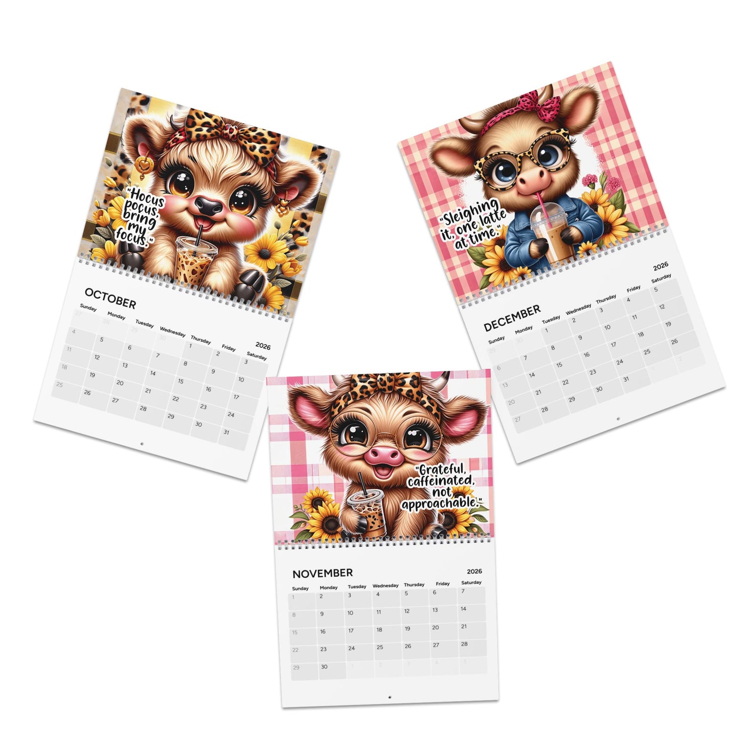 2026 Cute Sassy Highland Cow Wall Calendar – "New Year, Same Caffeinated Queen"