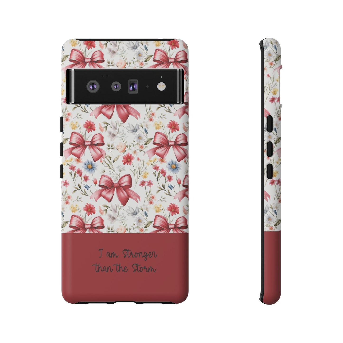 Personalized Rosette Coquette Phone Case - Custom Name/Message 'I Am Stronger Than The Storm' Floral Bow Protective Case