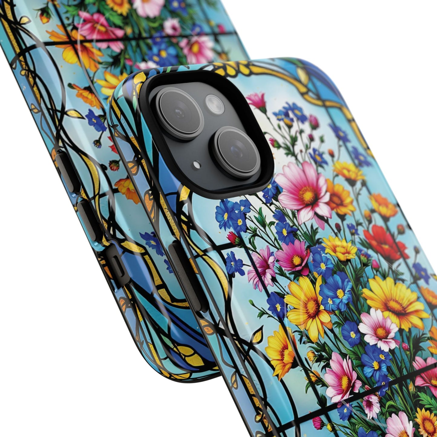 Floral Stained Glass Tough Magnetic Case, Durable Phone Cover, Gift for Nature Lovers, Unique Floral Design, Phone Accessories for All Occasions.