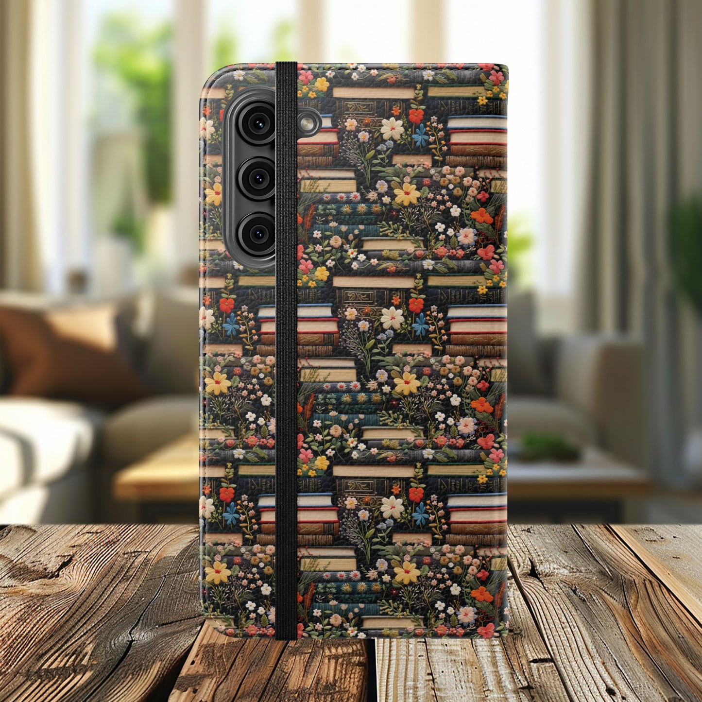 Book Stack Floral Flip iPhone and Samsung Phone Case — Vintage Library Wallet Cover.