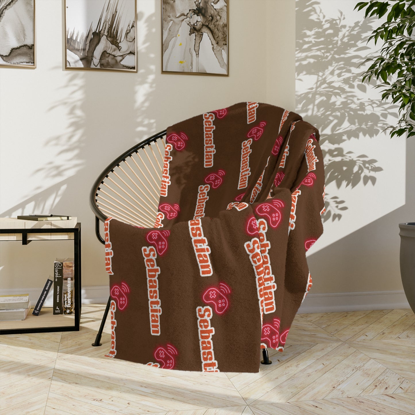 Personalized Name Velveteen Microfiber Blanket — Brown Patterned Custom Name Script Cozy Throw