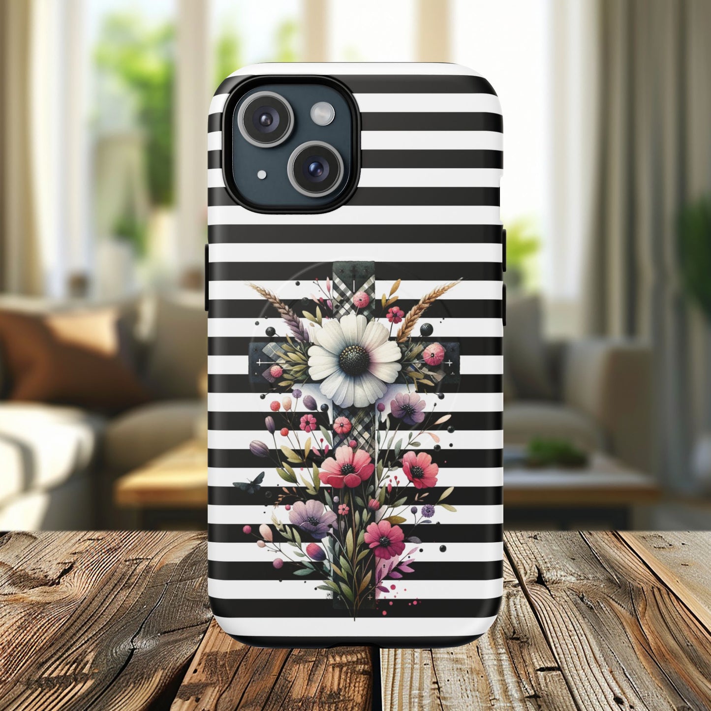Faith in Bloom Tough iPhone Magnetic Case, iPhone Accessories, Floral iPhone Cover, Durable Cases for Gifts, Black and White Stripes