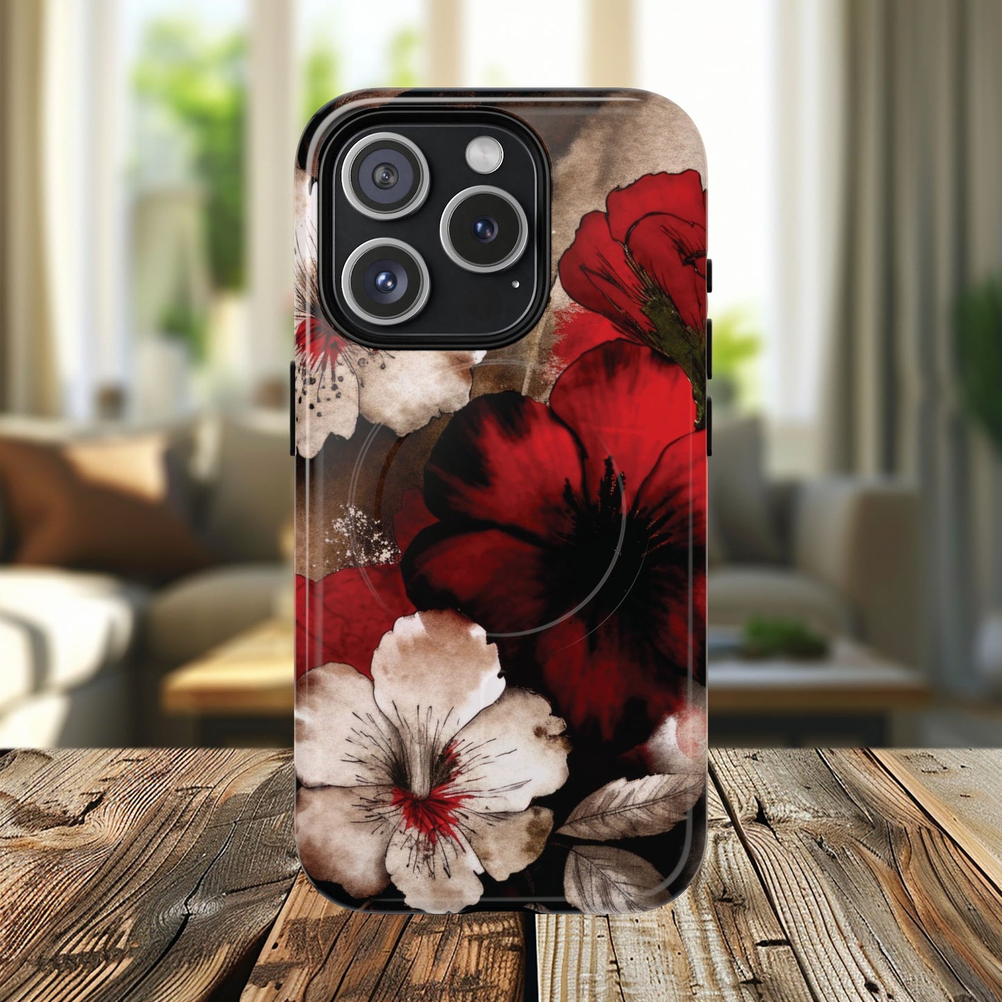 Crimson Noir Tough iPhone Magnetic Cases, Tough iPhone Protector, Stylish Floral Design, Gift for Her, Floral Accessories