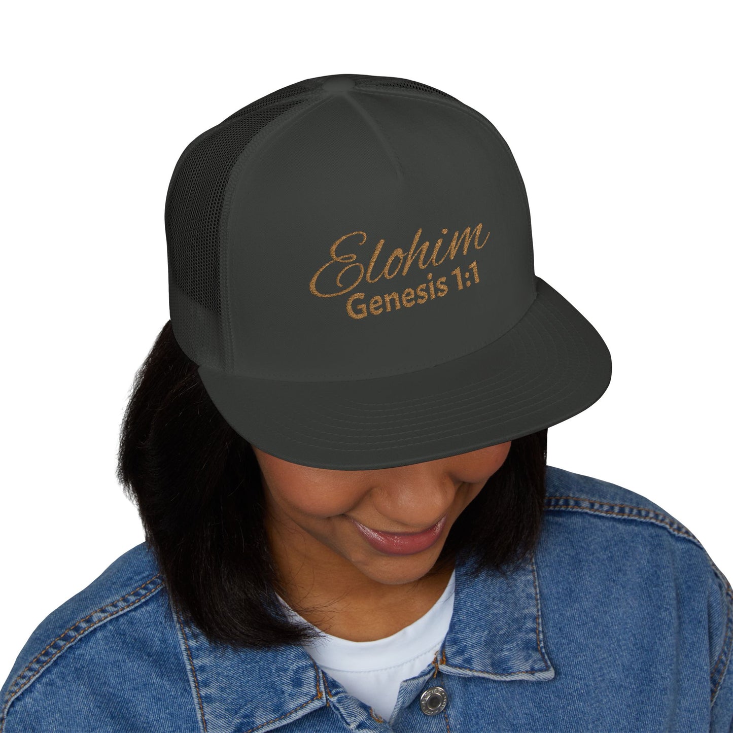 'ELOHIM, GENESIS 1:1'  Embroidered 5 Panel Trucker Cap | Casual Style Hat, Adjustable, Unisex, Perfect Gift for Outdoors, Festivals, Daily Wear