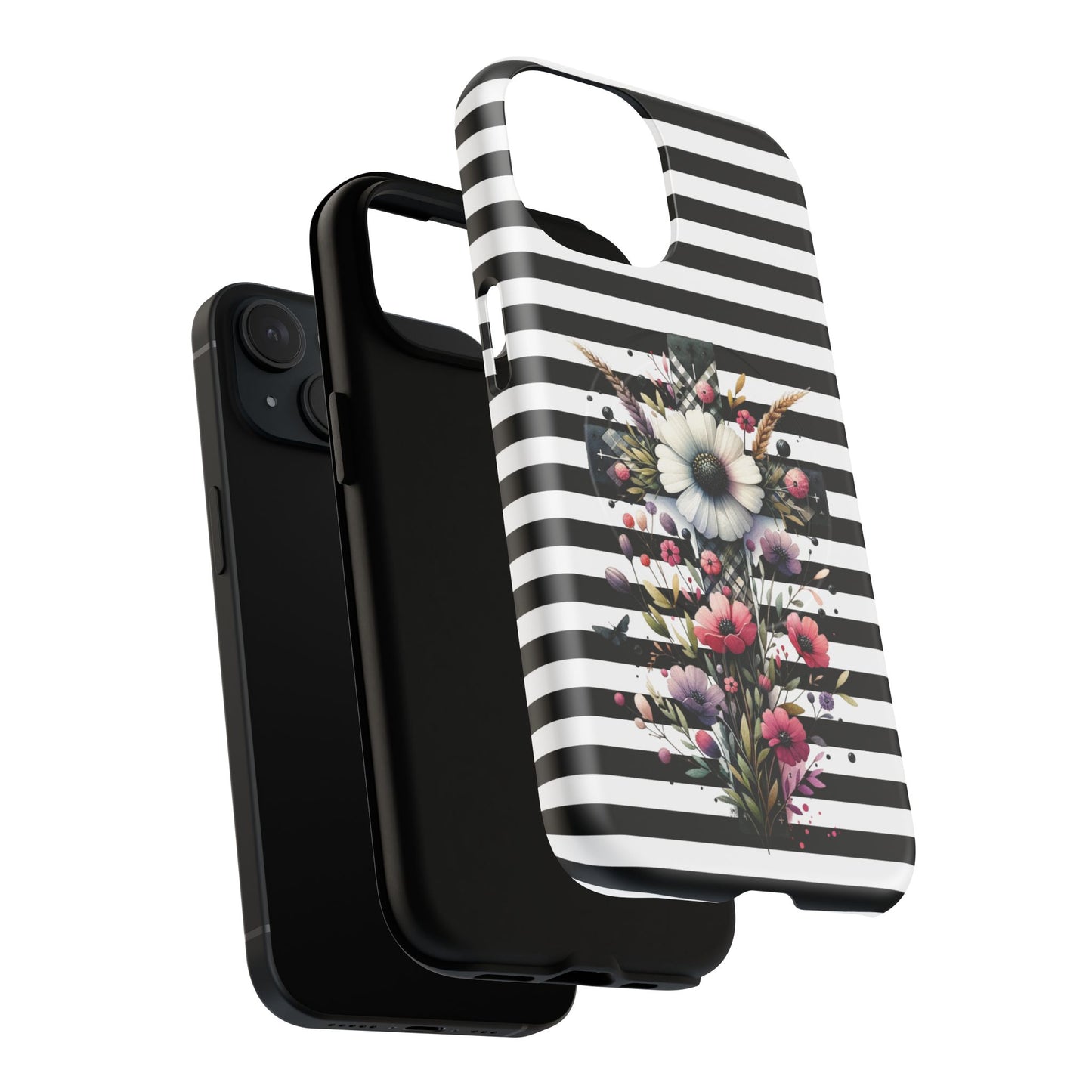 Faith in Bloom Tough iPhone Magnetic Case, iPhone Accessories, Floral iPhone Cover, Durable Cases for Gifts, Black and White Stripes