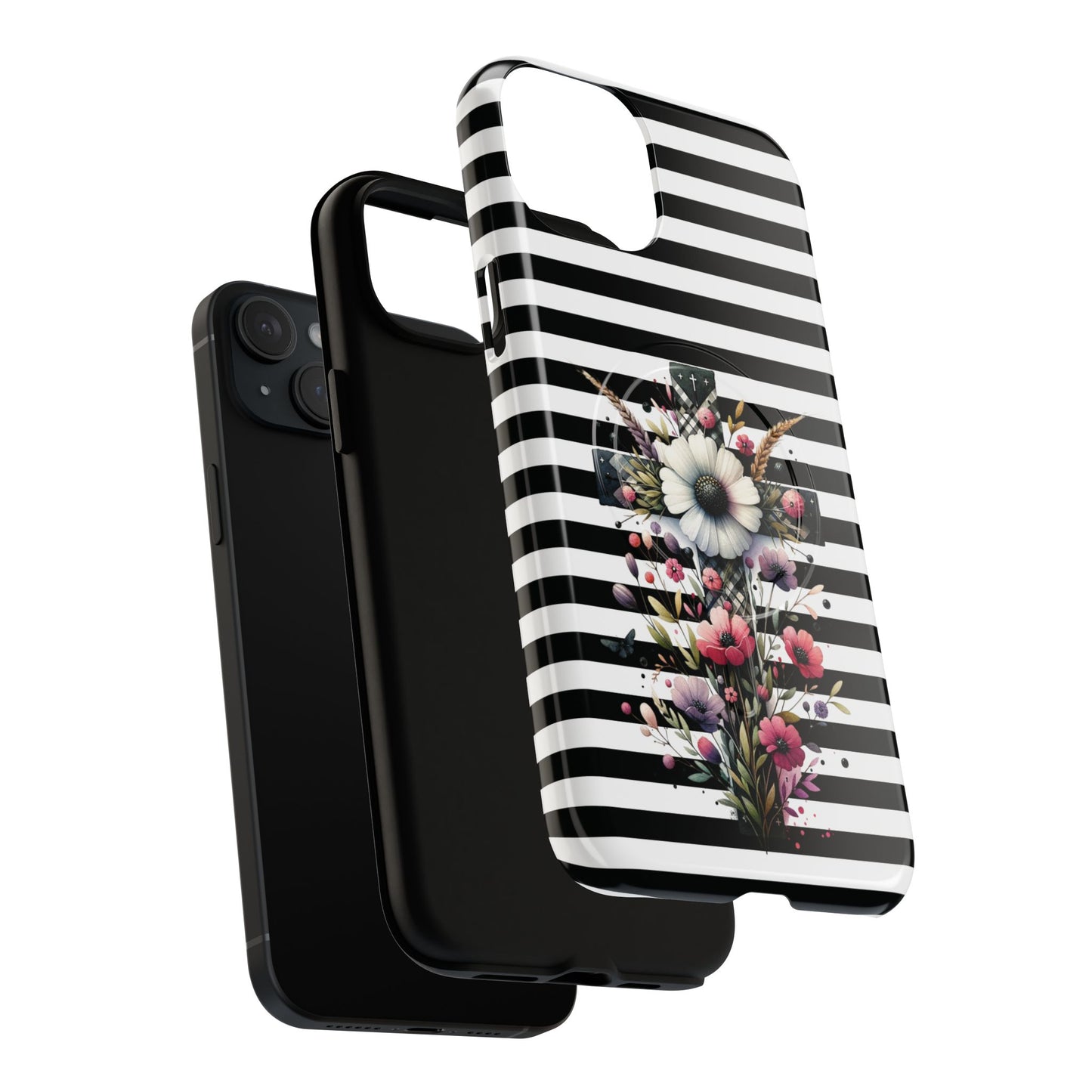 Faith in Bloom Tough iPhone Magnetic Case, iPhone Accessories, Floral iPhone Cover, Durable Cases for Gifts, Black and White Stripes