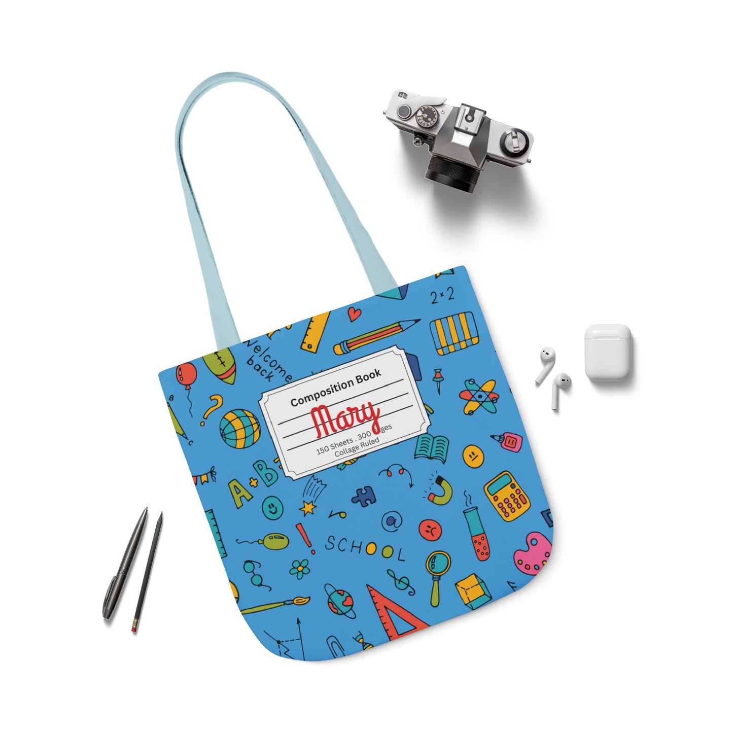 Personalized Classroom Couture Composition Book Inspired Canvas Tote Bag with Colorful Straps, Cute School Bag, Eco-Friendly Tote, Back to School Shopping Bag, Teacher Gift Idea