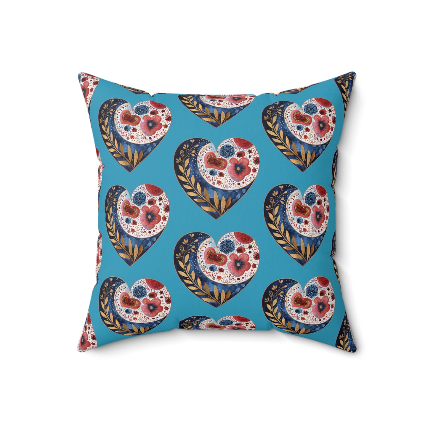 Turquoise Floral Heart Spun Polyester Square Pillow