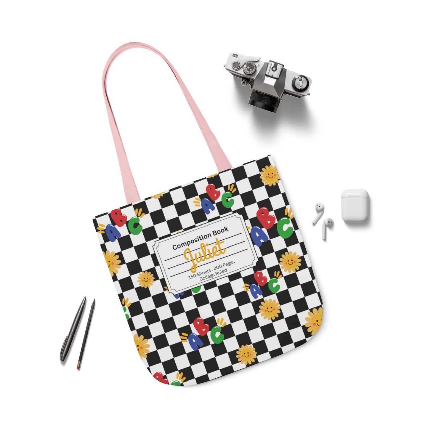 Personalized Schoolyard Chic Composition Book Inspired Canvas Tote Bag with Colorful Straps, Cute School Bag, Eco-Friendly Tote, Back to School Shopping Bag, Teacher Gift Idea