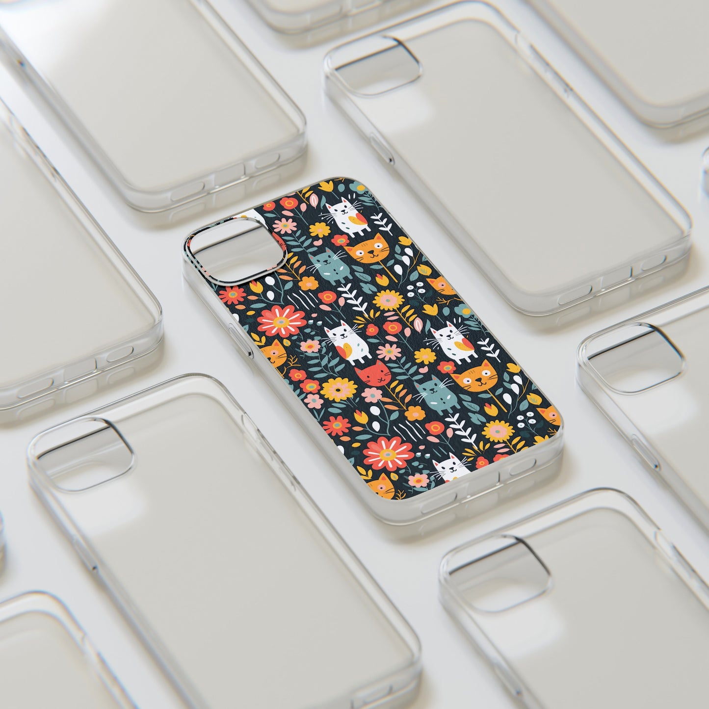 Whimsical Feline Garden Clear Silicone iPhone Cases