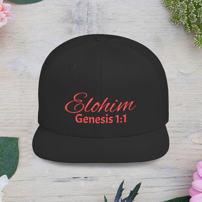 Red Embroidery 'ELOHIM, GENESIS 1:1' Flat Bill Snapback Hat, Stylish Cap for Everyday Wear, Church Events, Gift for Him/Her, Streetwear Accessory, Casual Fashion