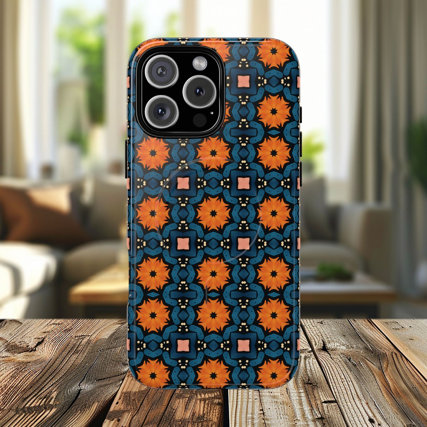 Saffron Tile Bloom Vibrant Floral Tough Magnetic iPhone Case, Durable iPhone Cover, Gift for Her, Floral Design, Unique iPhone Protection.