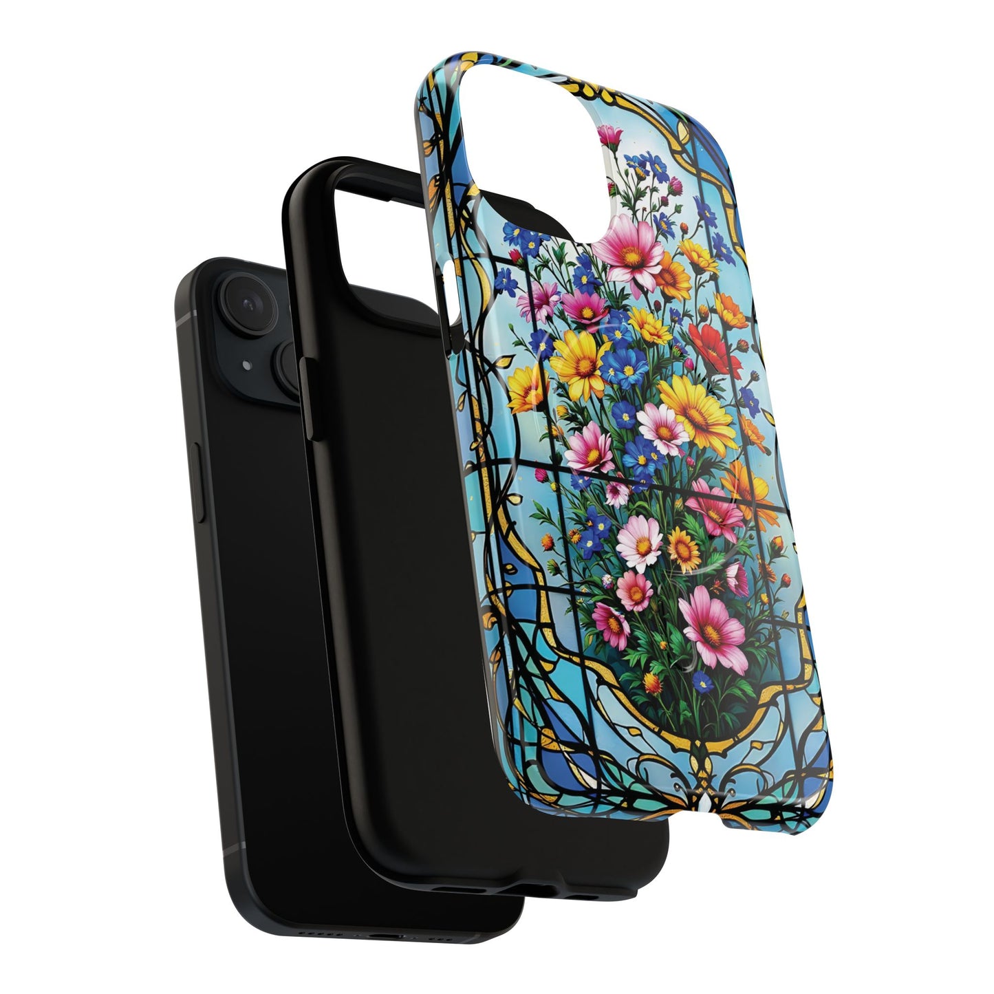 Floral Stained Glass Tough Magnetic Case, Durable Phone Cover, Gift for Nature Lovers, Unique Floral Design, Phone Accessories for All Occasions.