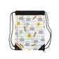 Custom White SchoolYard Chic Composition Book Inspired Colorful playful icons Drawstring Bag | Personalized College Ruled Tote | Kids School Gear | Fun Gym Sack | Back to School Accessory