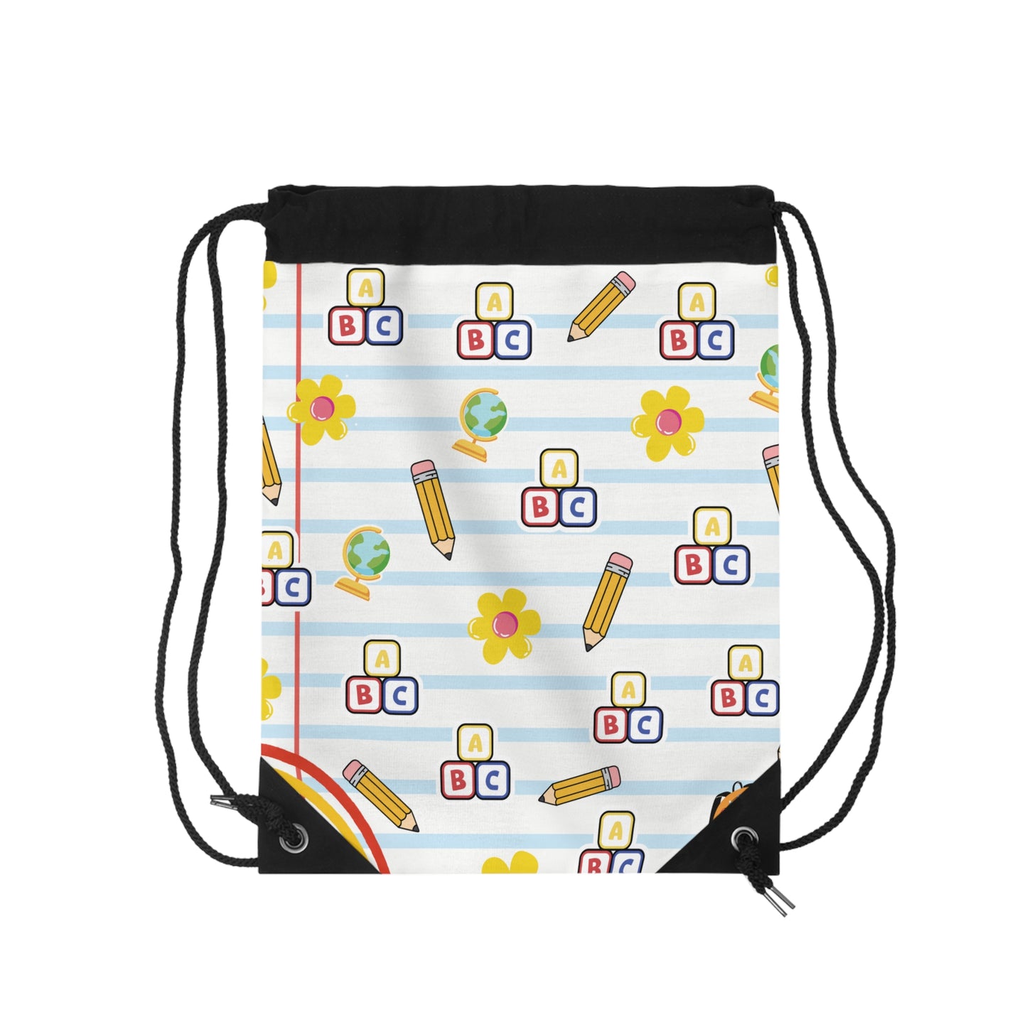 Custom White SchoolYard Chic Composition Book Inspired Colorful playful icons Drawstring Bag | Personalized College Ruled Tote | Kids School Gear | Fun Gym Sack | Back to School Accessory