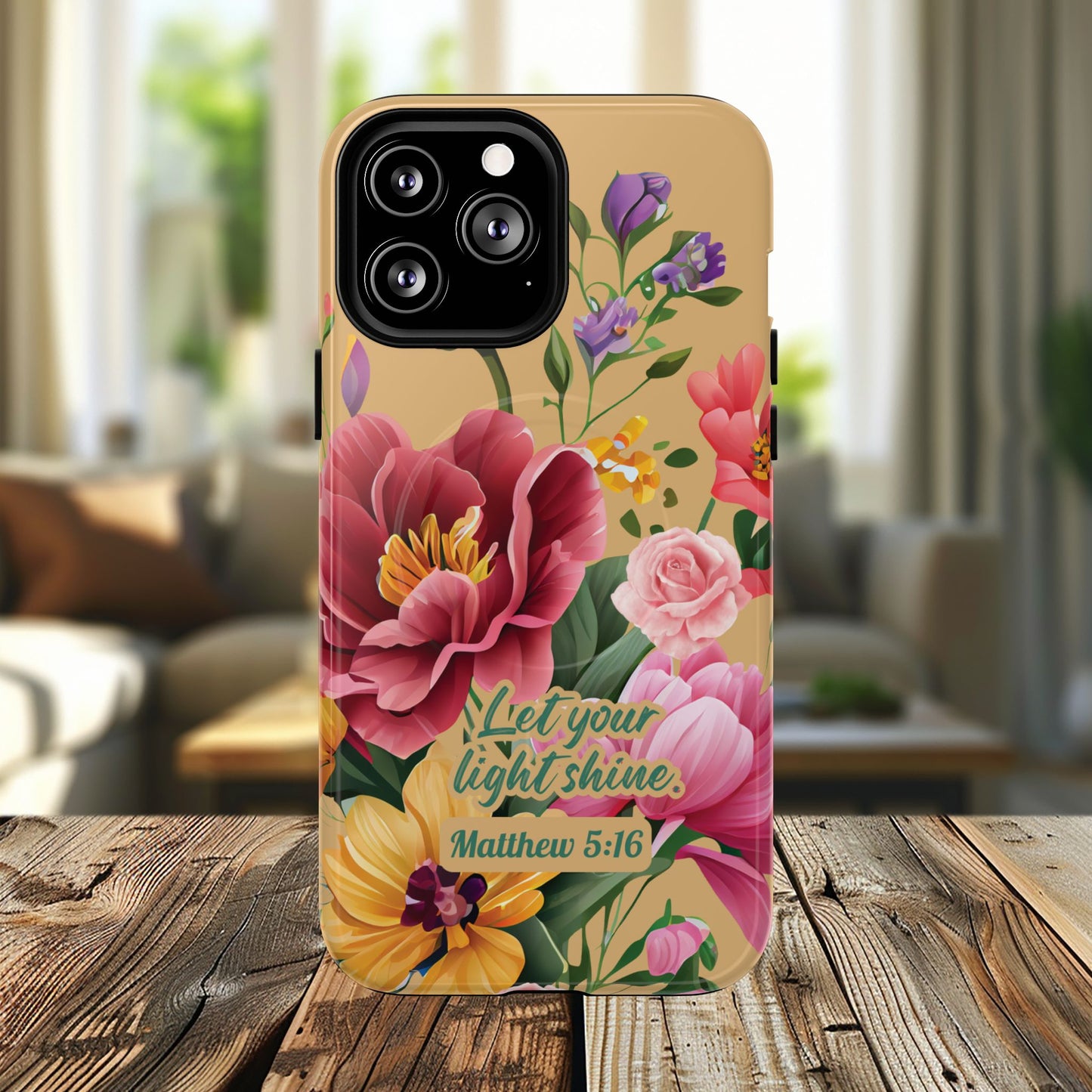 Let your Light Shine Matthew 5:16, Inspirational Gift, Tough iPhone Magnetic Case Scripture, Floral Bible Verse, MagSafe® iPhone® Tough Case, iPhone 14, iPhone 15, iPhone 16, Pro, Pro Max, Plus.