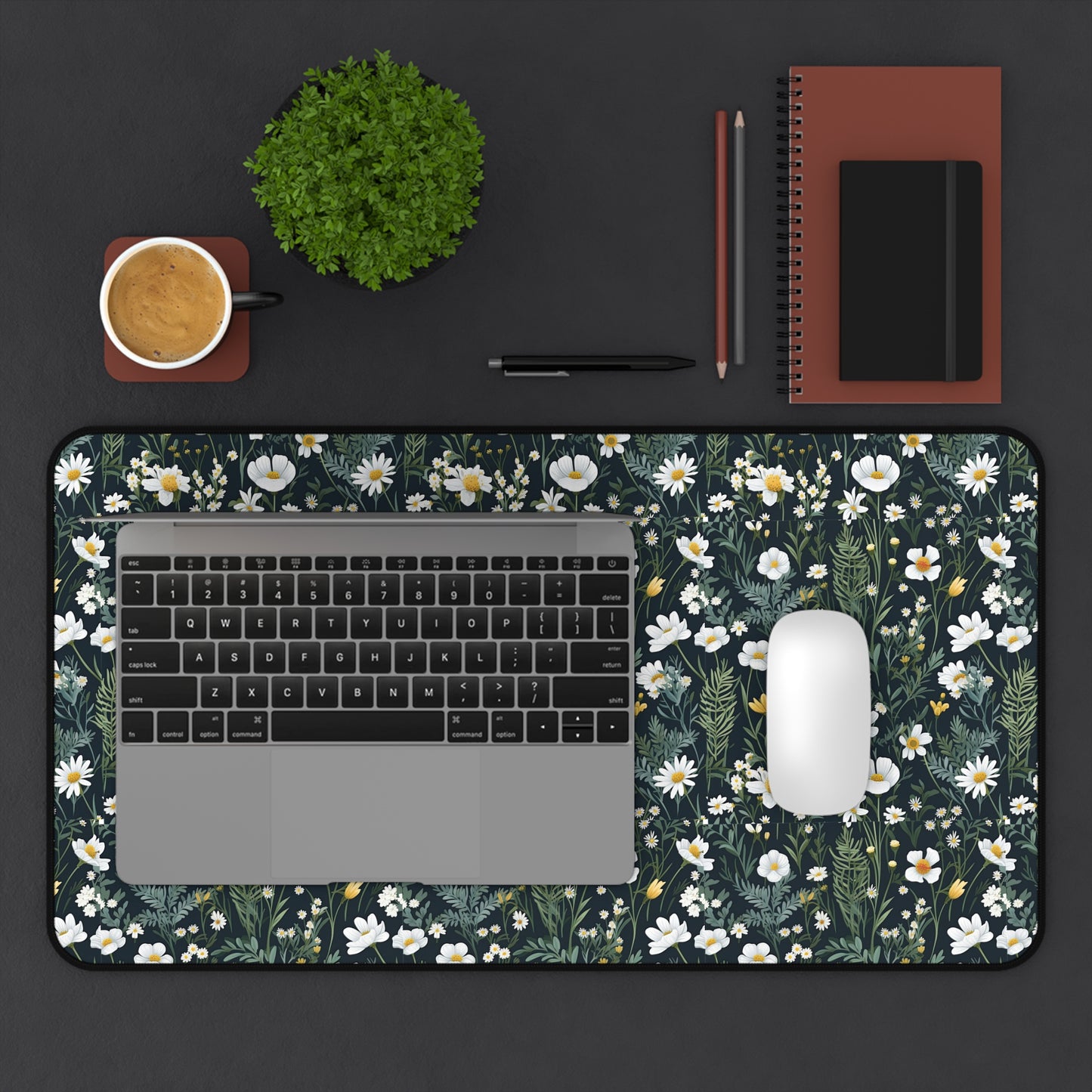 Daisy Delight Floral Desk Mat - Elegant Botanical Design for Home Office Decor.
