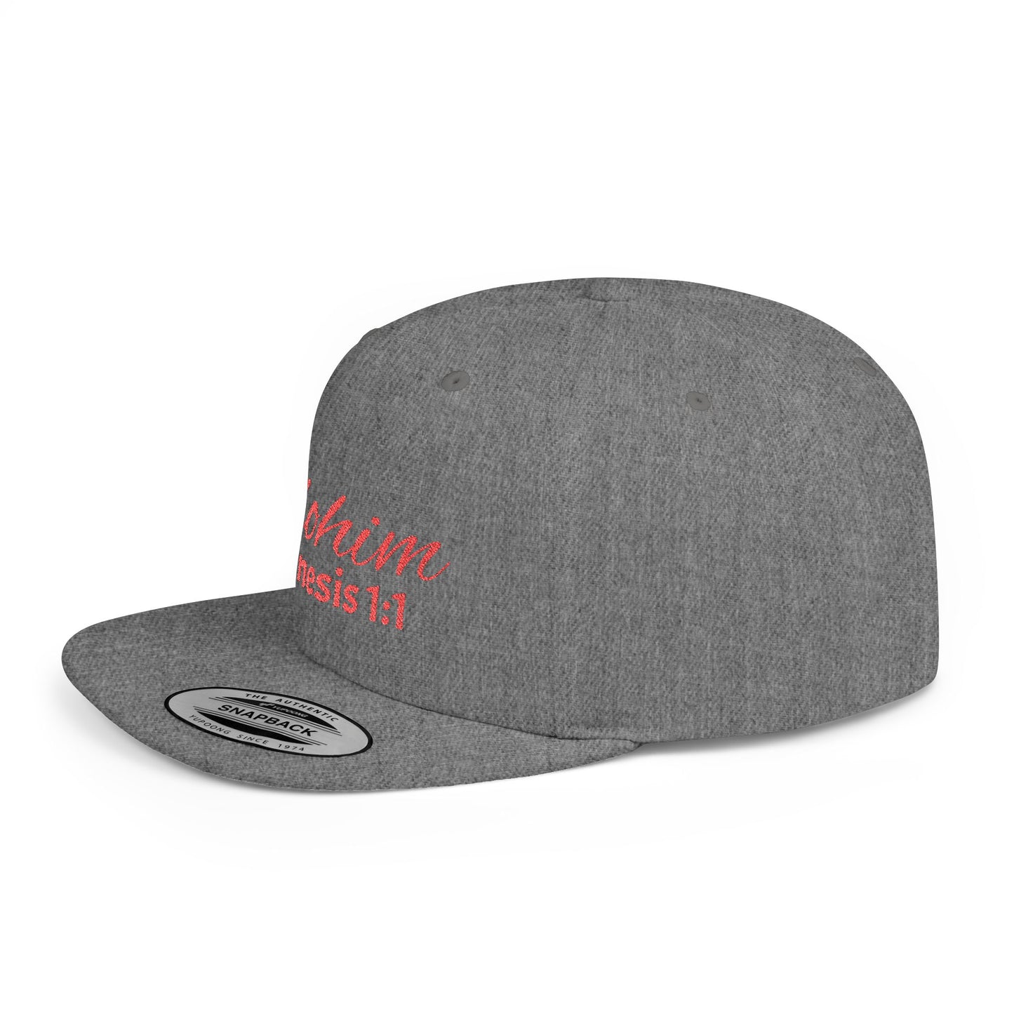 Red Embroidery 'ELOHIM, GENESIS 1:1' Flat Bill Snapback Hat, Stylish Cap for Everyday Wear, Church Events, Gift for Him/Her, Streetwear Accessory, Casual Fashion