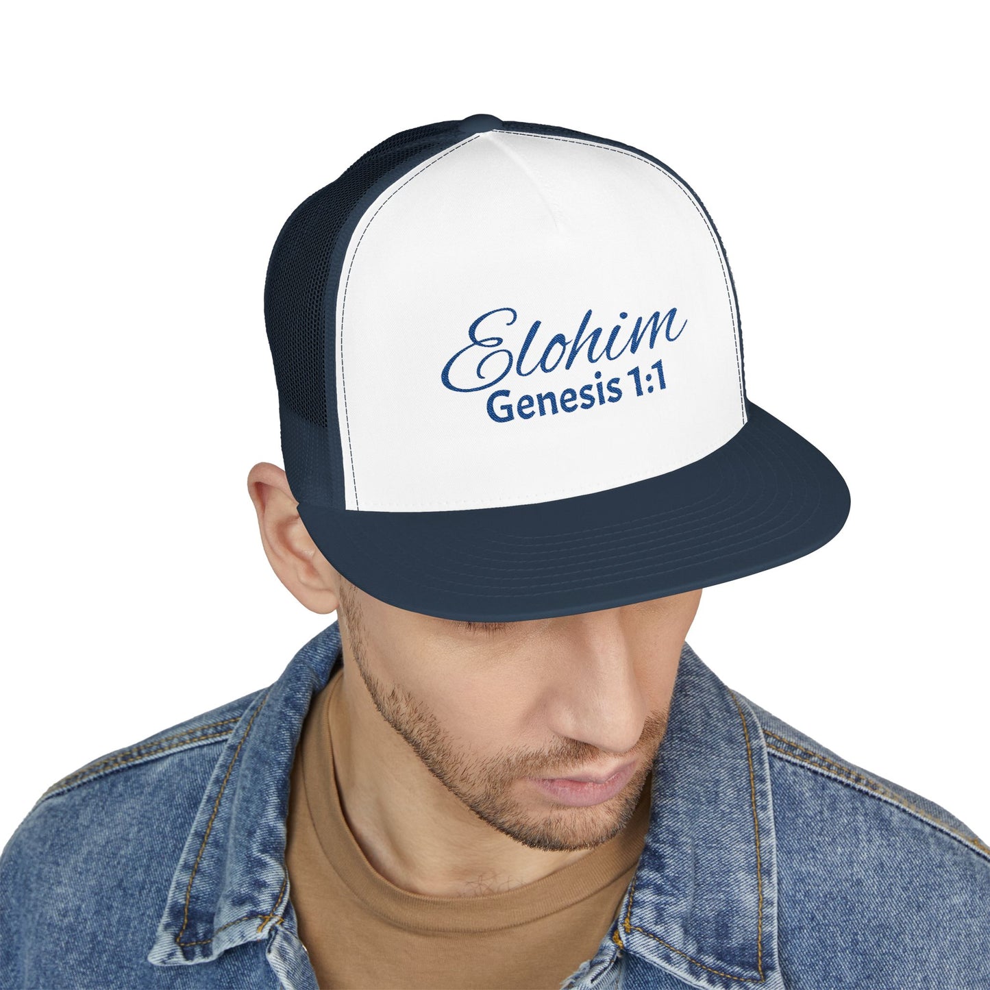 Navy 'ELOHIM, GENESIS 1:1'  Embroidered 5 Panel Trucker Cap | Casual Style Hat, Adjustable, Unisex, Perfect Gift for Outdoors, Festivals, Daily Wear