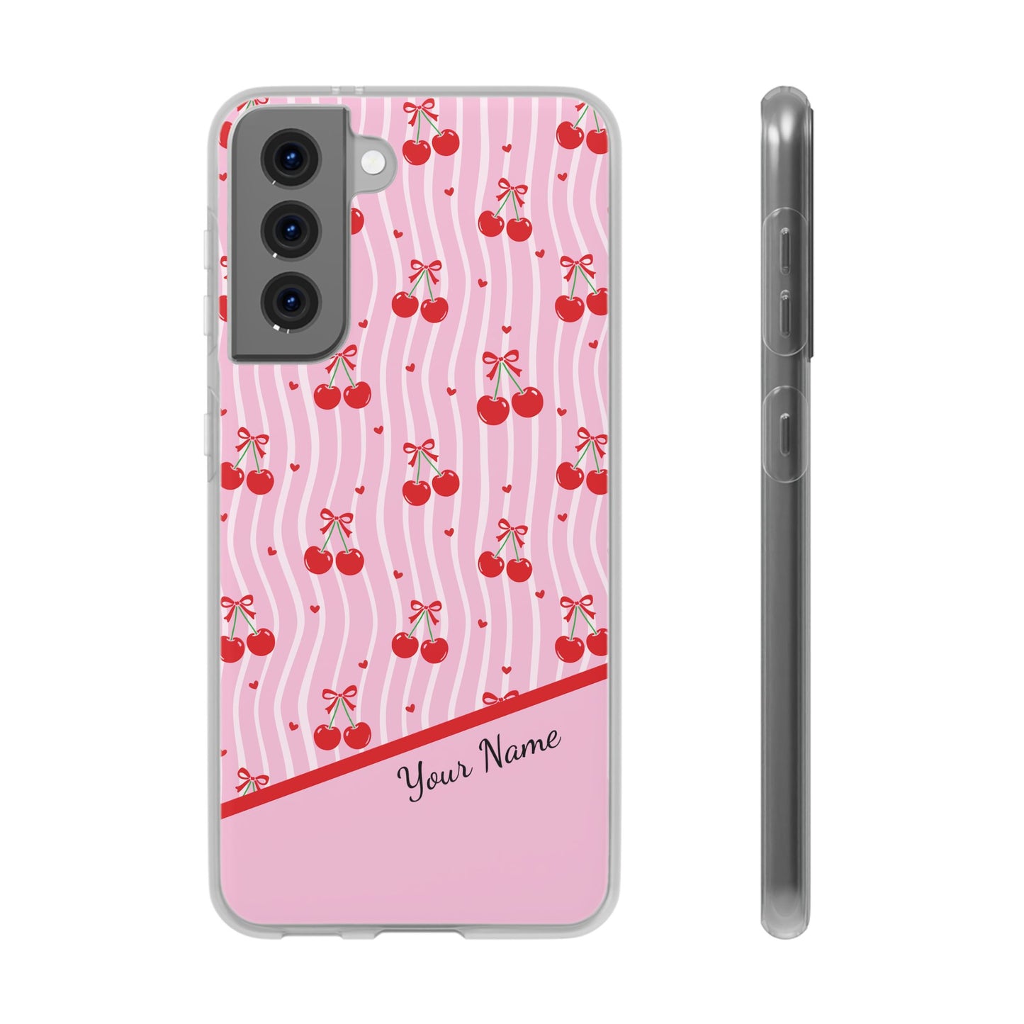 Personalized Cherry Blossom Dreams Flexi Case — Pink Retro Cherry iPhone® 7/8, 11, 12, 13, 14, 15, 16, 17, X/XS, SE, XR, Mini, Pro, Pro Max, Plus Cases.